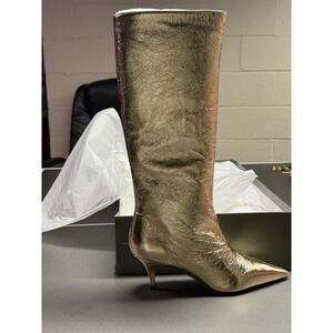 Arezzo Metallic Gold Tall Boots Pointed Toe Kitten Heel Side Zip Womens Size 38